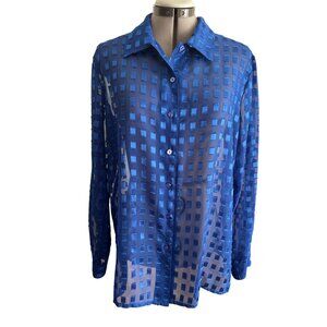 Notations Blue Sheer Checkered Long Sleeve Button-Up Shirt Size L Layering